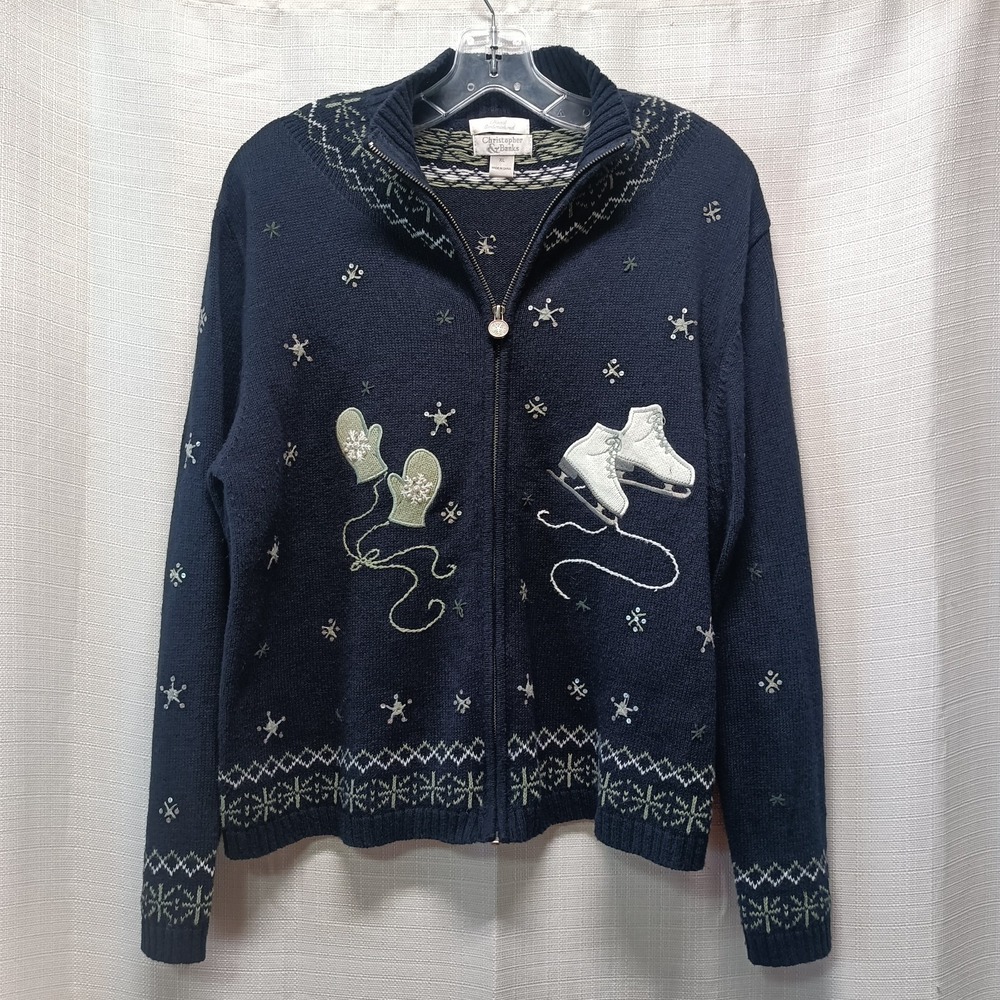 Christopher & Banks Hand Embroidered Full Zip Sweater Ice Skate Winter Mitten XL